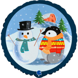 Pinguin mit Schneemann, Folienballon, rund, 45cm