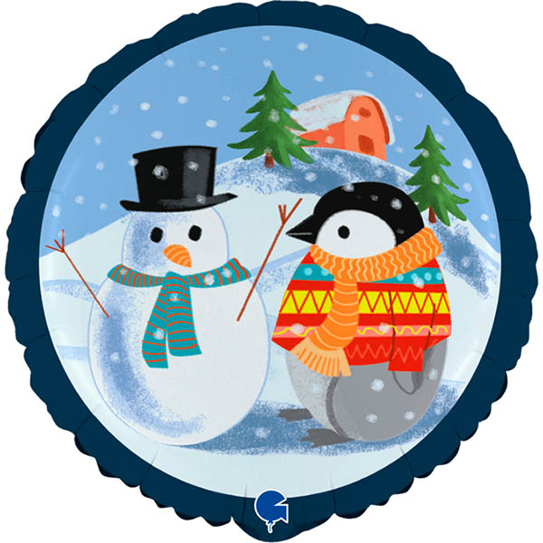 Pinguin mit Schneemann, Folienballon, rund, 45cm