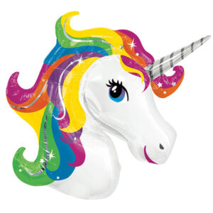 Folienballon Einhornkopf mit regenbogenfarbener Mähne – Partyballon