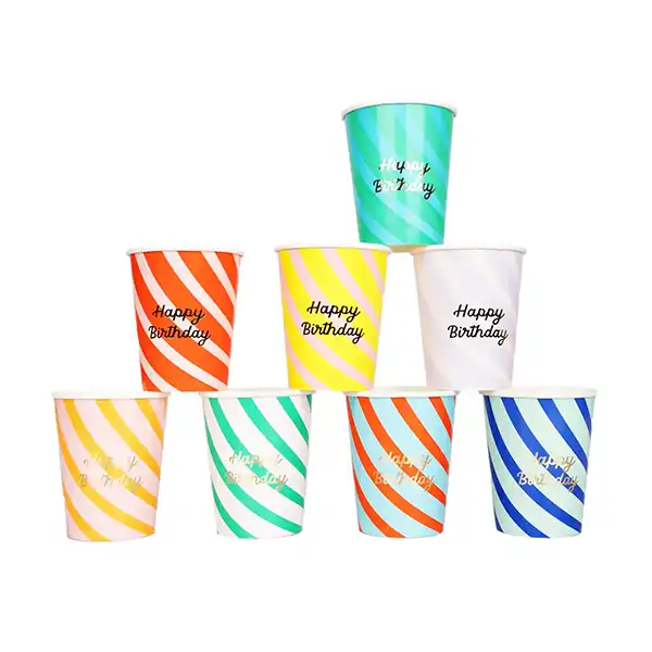 Pappbecher HAPPY BIRTHDAY, Bunte Streifen Mix, Packung 8 Stück