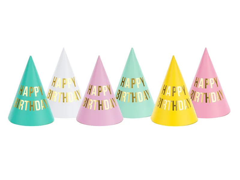 Partyhüte Happy Birthday pastell 6 Stk